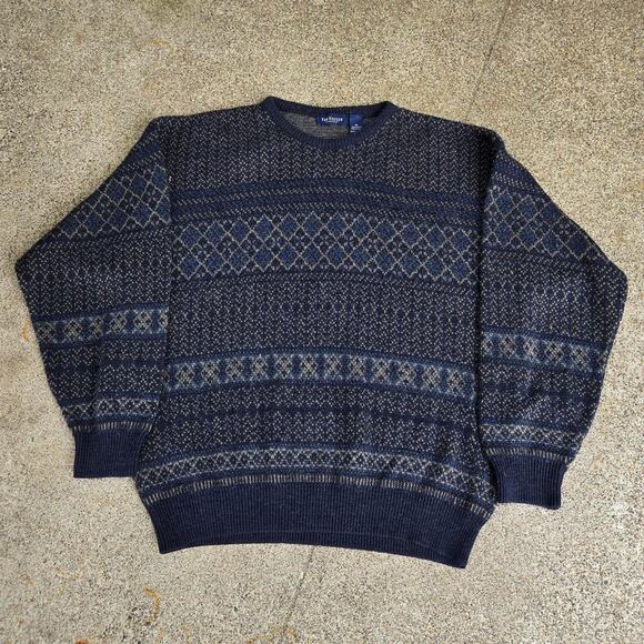 Vtg 90s VAN HEUSEN Abstract Geometric All Over Knit Pattern Crewneck Sweater XL - Picture 1 of 6